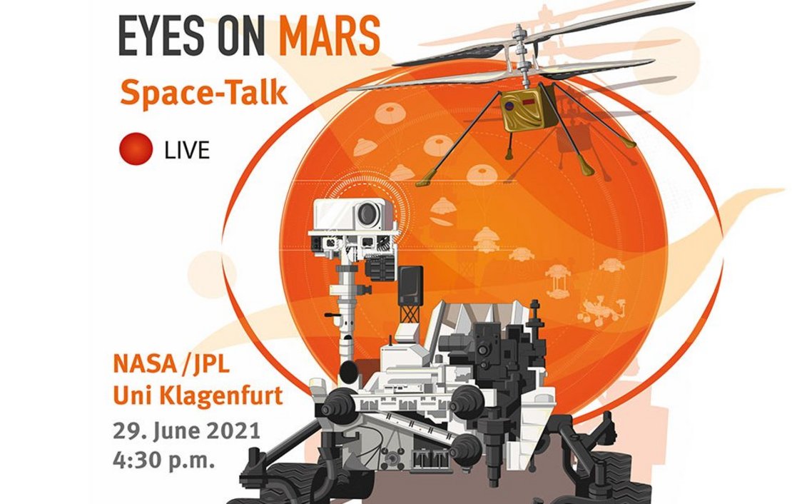 Grafik eines Marsroboters und einer Drohne vor dem roten Planeten